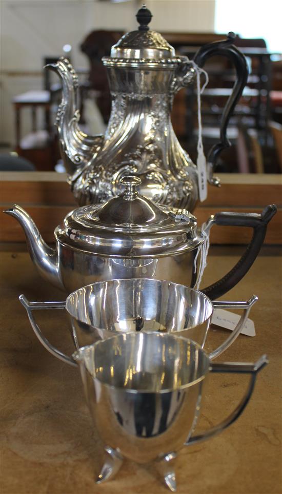 Mappin & Webb Georgian style plated coffee pot & a Lee & Wigfull Dresser-style three-piece plated teaset